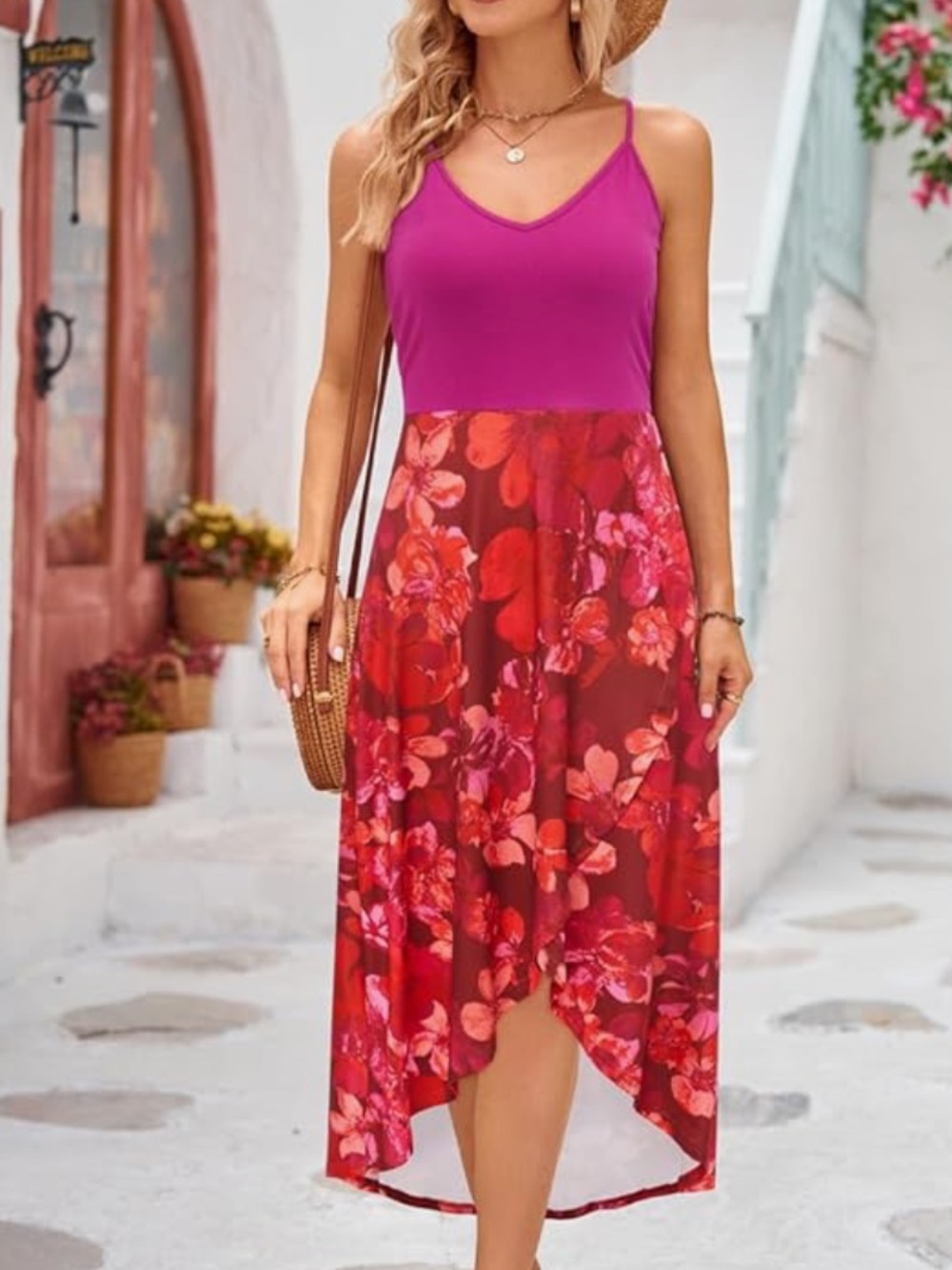 Chic Nation Magenta & Red Floral High-Low Sundress